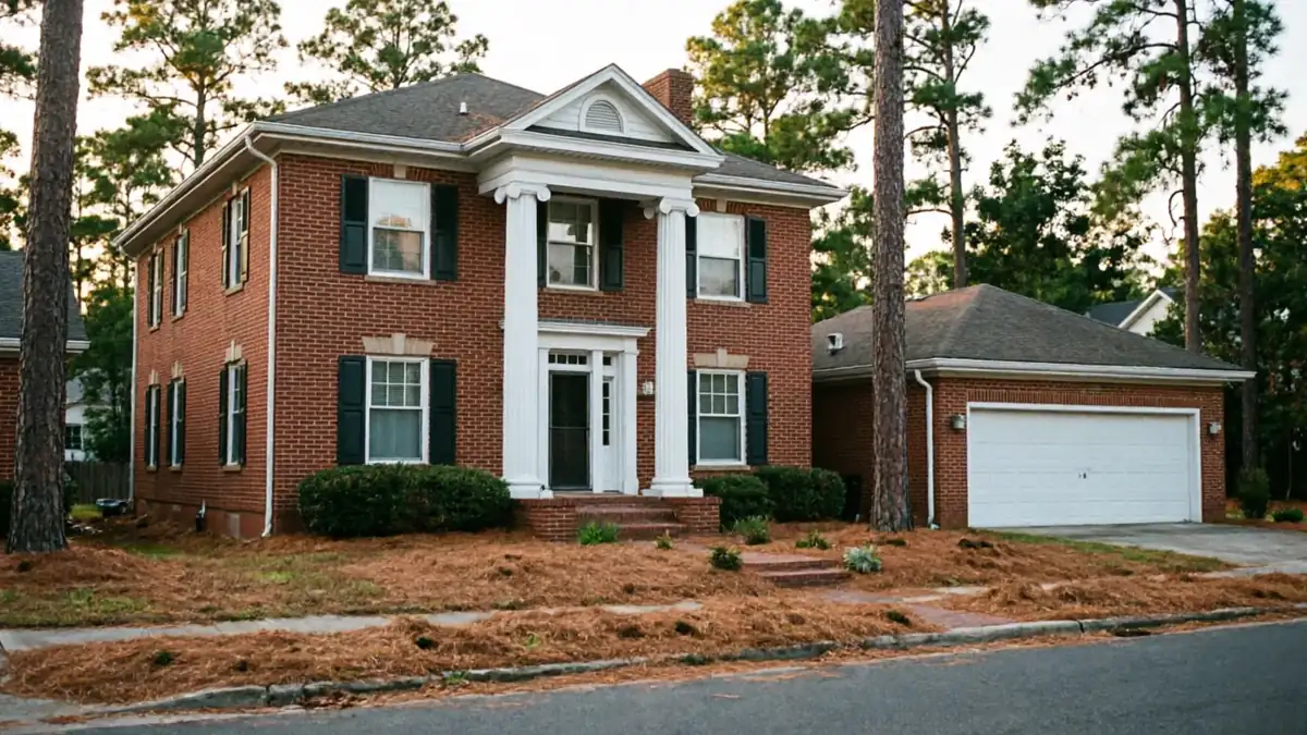 A red brick house with a white garage door and white columns.