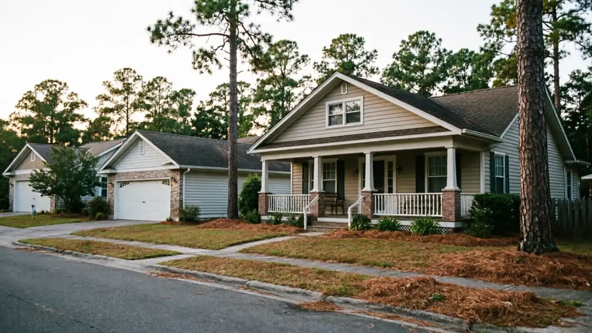 Two houses with white garage doors and pine trees line a street.
