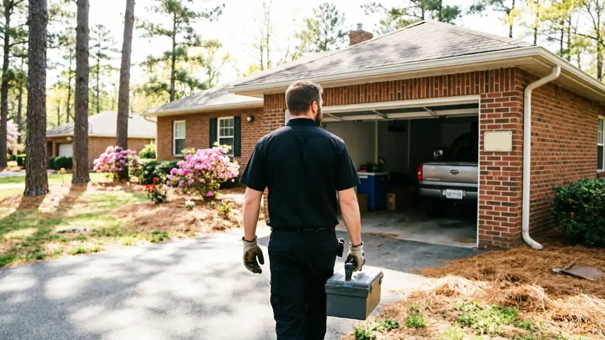 A technician in a black shirt carries a toolbox toward an open garage.