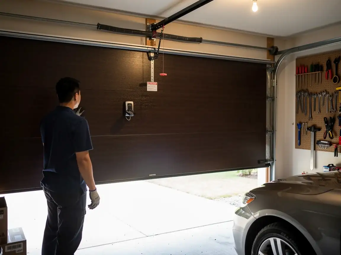 A technician stands in a garage looking at a brown garage door.