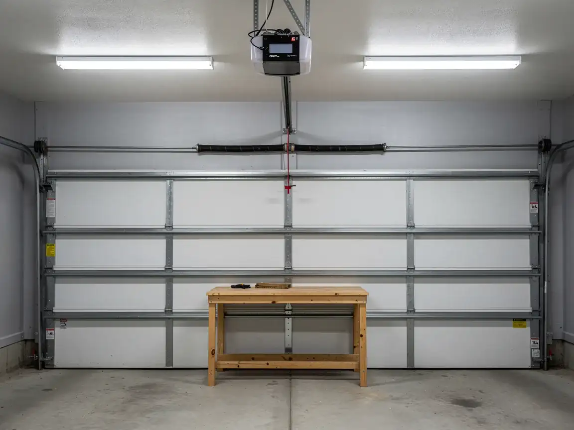 A white garage door is closed with a wooden workbench in front of it.