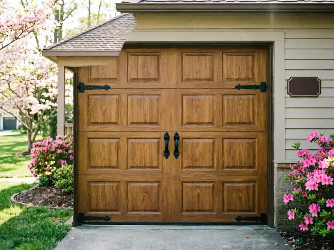 A brown wooden garage door with black decorative hardware is on a house.